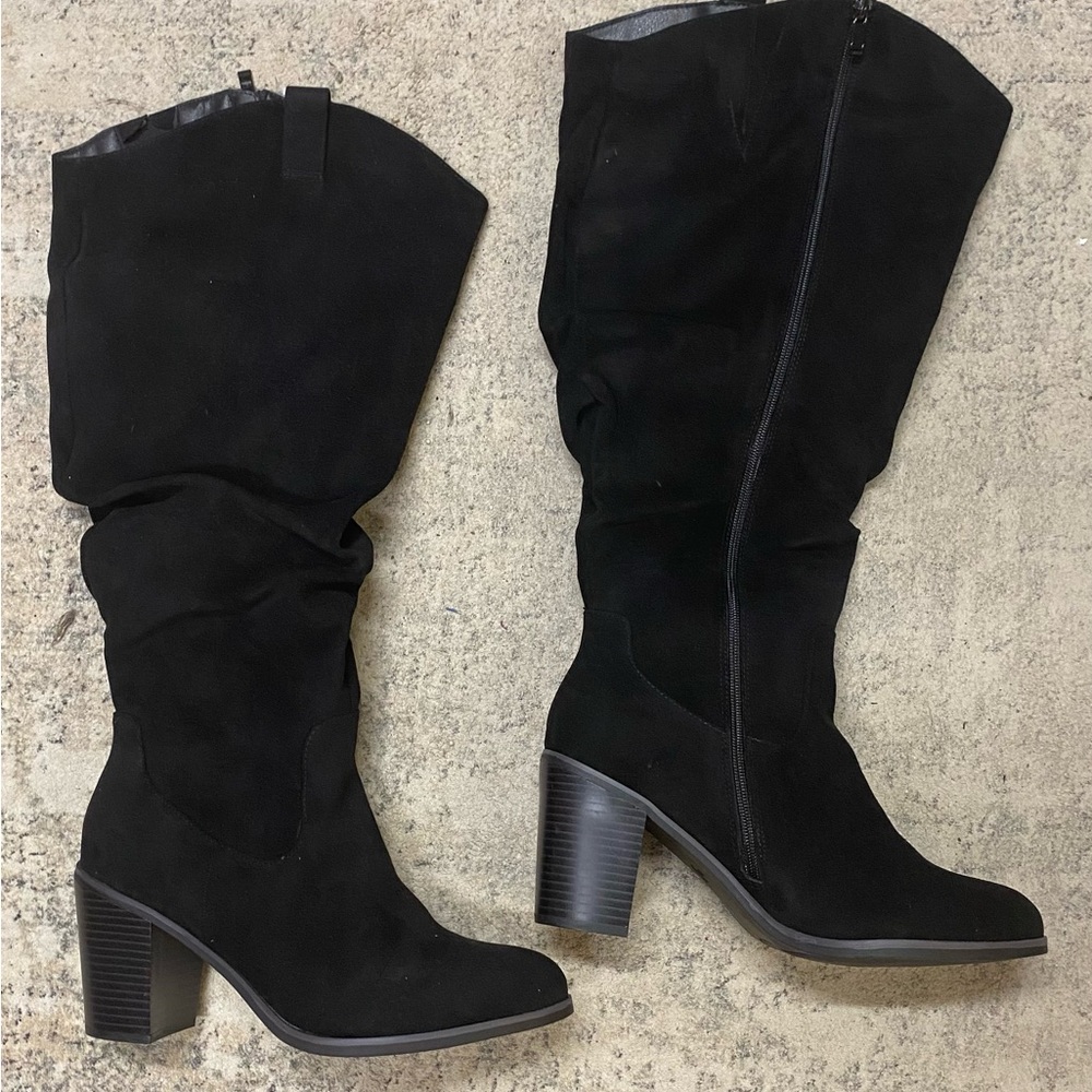 Classic Black Suede Heeled Knee-High Boots